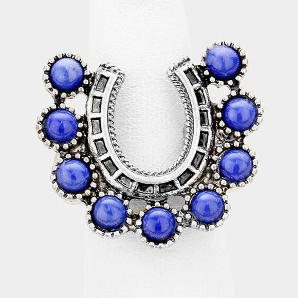 Western Tribal Lapis Lazuli Horseshoe Stretch Ring - Picture 1 of 5